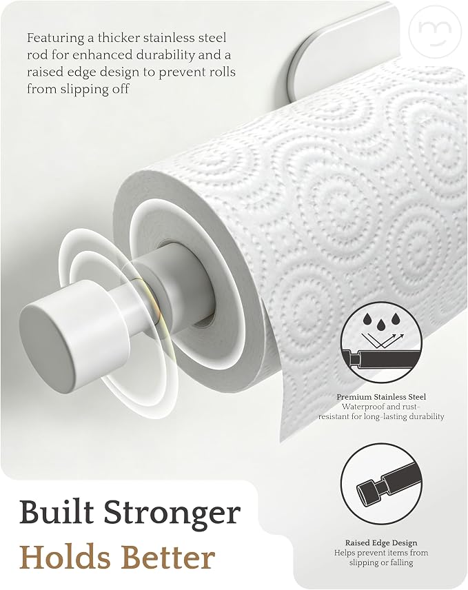 Paper Towel Holder Under Cabinet Adhesive or Drilling White | Drill Wall Mount or Adhesive, Easy Roll Loading, Heavy Duty, Stainless Steel Paper Towel Roll Rack for Kitchen, Bathroom
