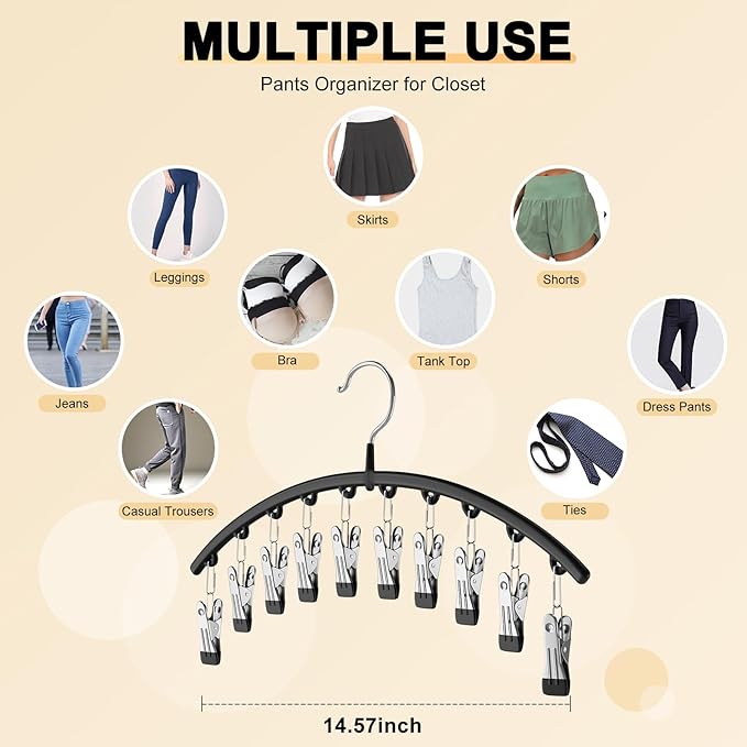 Legging Organizer for Closet, Metal Yoga Pants Hangers 1 Pack w/10 Clips Holds 10 Leggings, Space Saving Hanging Closet Organizer w/Rubber Coated Closet Organizers and Storage, Black
