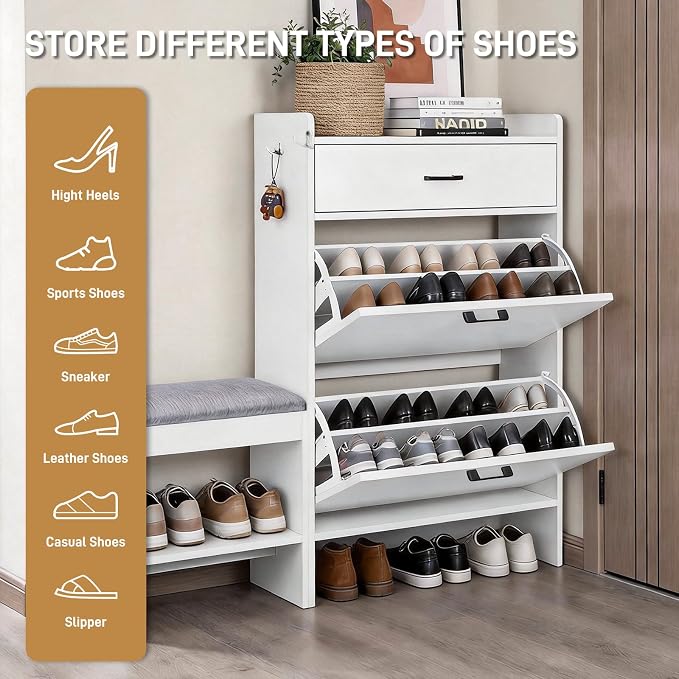 Karl home White Farmhouse Shoe Cabinet, Cushioned Entryway Bench Organizer | Narrow Slim Freestanding Shoe Rack Featuring 2 Flip Drawers and Top Flip Drawer, Ideal for Entryway, Living Room