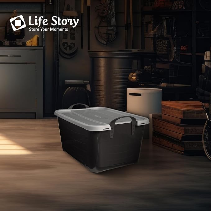 Life Story 24 Pack Stackable Storage Bin, 55 Qt Home Organizers, Black/Gray | Heavy-Duty Versatile Lightweight Locking Bins with Carrying Handles