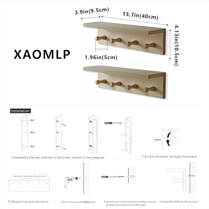 Entrance Coat Rack ，Coat Hooks, Wall-Mounted Wooden Hook Rack, Wall-Mounted Shelves are Very Suitable (Birch Color Finish—A-2)
