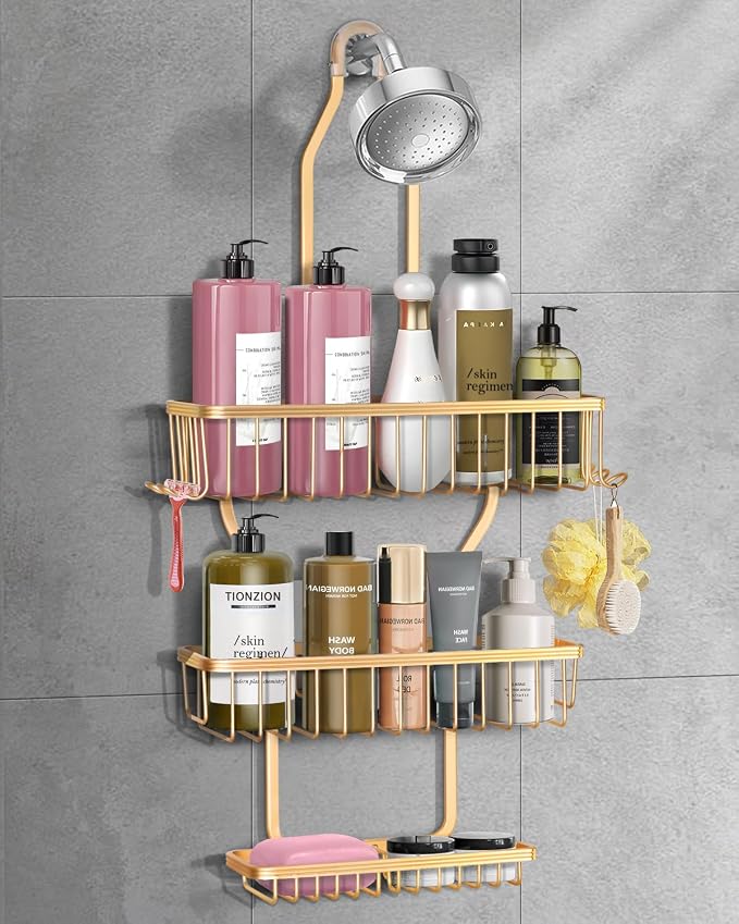 Shower Caddy Hanging - Never Rust Shower Hanging Organizer - Aluminum Over the ShowerHead Caddy with Soap Basket and 6 Razor/Sponge Hooks (Gold)