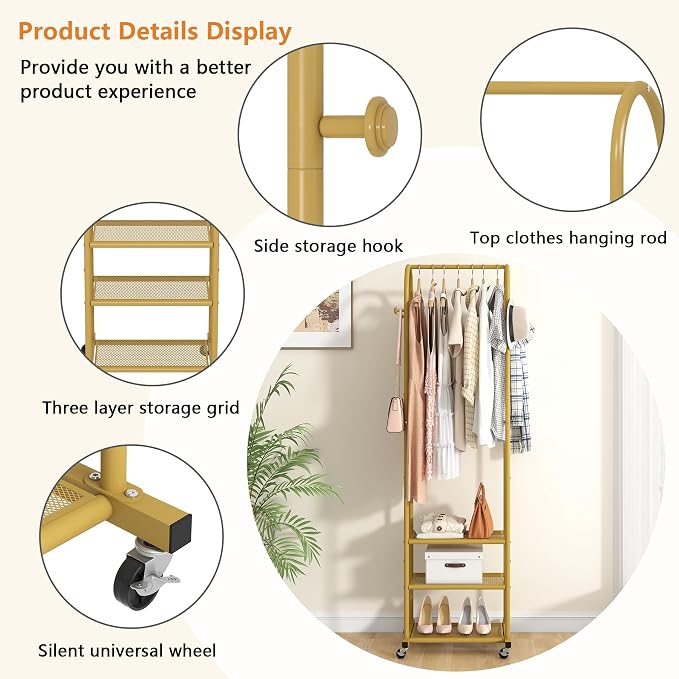 Kaitiemoo Clothing Rack, Mobile Garment Rack with Wheels & 3 Shelves, Gold | Heavy Duty Frame, Fits Small Spaces, 71.8 Inches Display Rack, Easy to install, Gold clothes rack