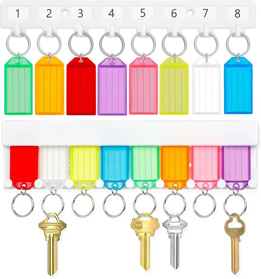 Uniclife 2 Style Key Tag Rack, Slot & Hook Style Wall Mount Key Holder | Plastic Slot-Style Wall Rack Keeps Labeled Keys Organized with Transparent Tough Key Tag Identifiers in 8 Assorted Colors.