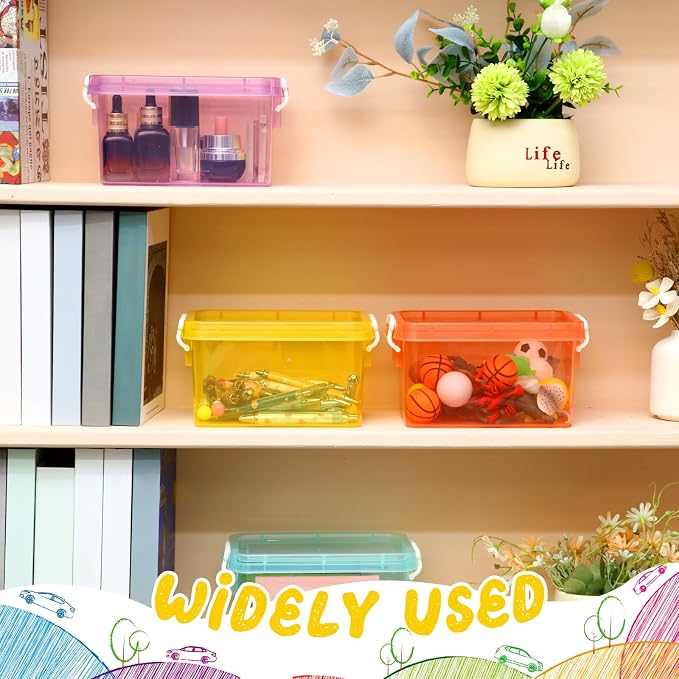 12 Pack Colorful Plastic Storage Bins with Lids 4 Quart Small Storage Latch Box Stackable and Nestable Clear Organizer Bins with Latching Handle and Buckle for Organizing (Colorful)