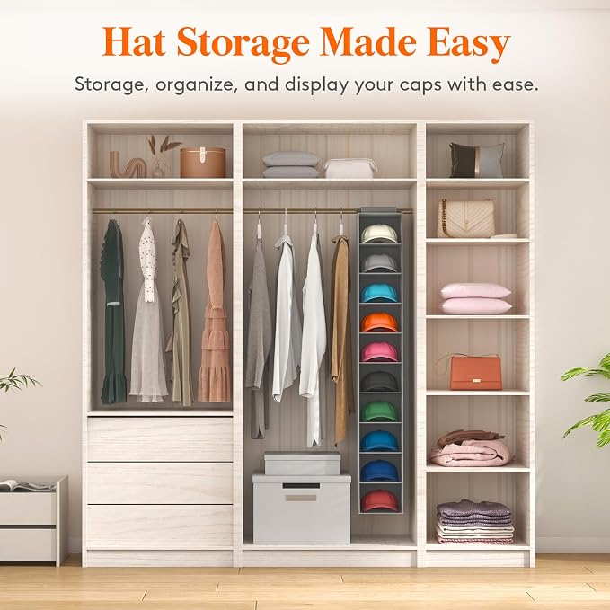 Lifewit 10 Section Hanging Hat Organizer for Baseball Caps, Gray, 1 Pack | Hat Rack Hanging Storage, Non-Woven Fabric Display Shelf Holds Up to 40 Hats, Cap Holder Hanger for Closet, Bedroom