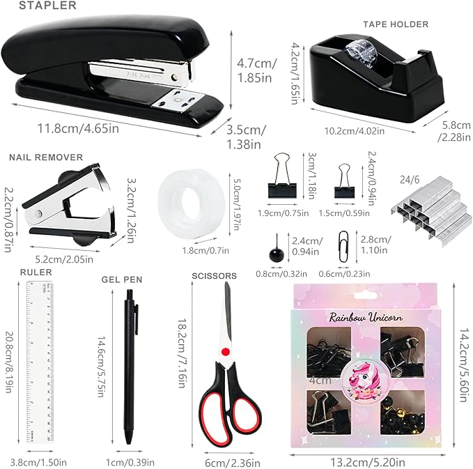 COMFYROOM Black Desk Accessories with Pen Holder, Office Supplies Desk Organizers and Accessories, Tape Dispenser, Stapler, Staple Remover, Staples, Clips Set, Ruler, Scissor, Pen, Tape (Black)