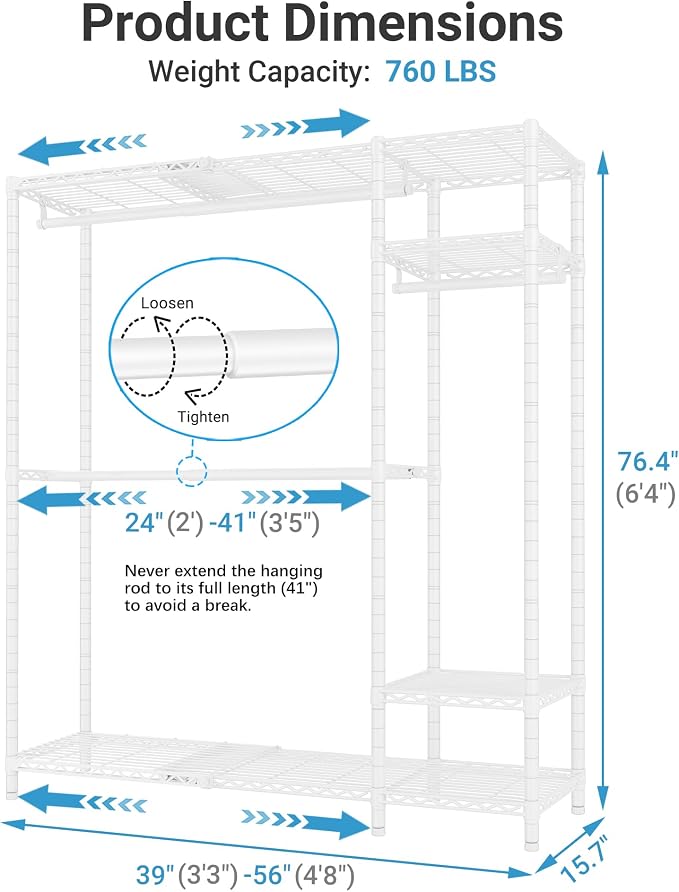 VIPEK X20 Expandable Metal Clothing Rack Adjustable from 3'3" to 4'8" Heavy Duty Garment Racks with Adjustable Shelves and Hanger Rods Portable Wardrobe Open Closet Rack System, White