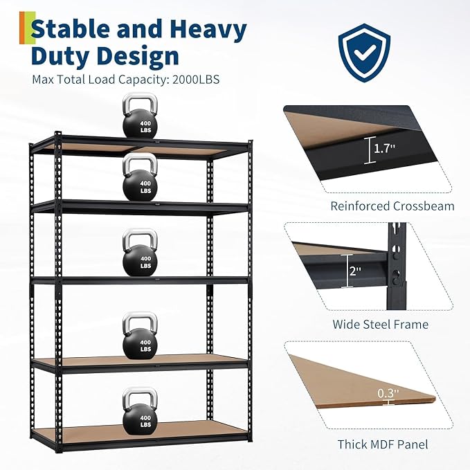 Storage Shelving Unit, 5-Tier Adjustable Metal Storage Shelves, 30" L x 12" W x 60" H Heavy Duty Garage Storage Shelves for Kitchen Pantry Basement Bathroom Laundry