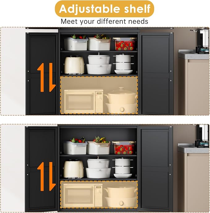 75" Tall Metal Kitchen Pantry Storage Cabinet, Freestanding Cupboard Storage Cabinet with 4 Doors and 4 Adjustable Shelves, Large Stand Up Food Cupboard for Dinning Room, Bathroom（Black）