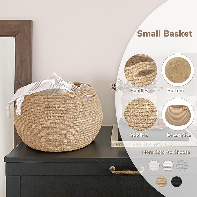 Goodpick Round Small Wicker Storage Basket for Shelves, 10" x 8.3", Jute | Woven Baby Basket with Handles， Decorative Gift Basket, Fits Living Room Nursery Toys & Towels Storage, Plant Baskets Indoor