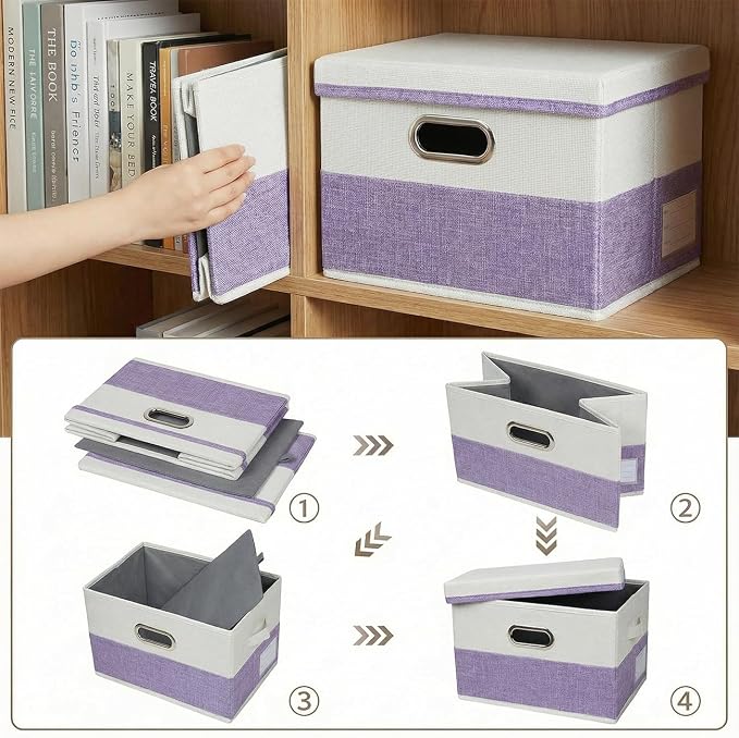 PRANDOM Storage Bins with Lids [3-Pack] Linen Fabric Foldable Storage Boxes Organizer Containers Baskets Cube with Cover for Bedroom Closet Office Purple&White（11.4X8.6X6.7