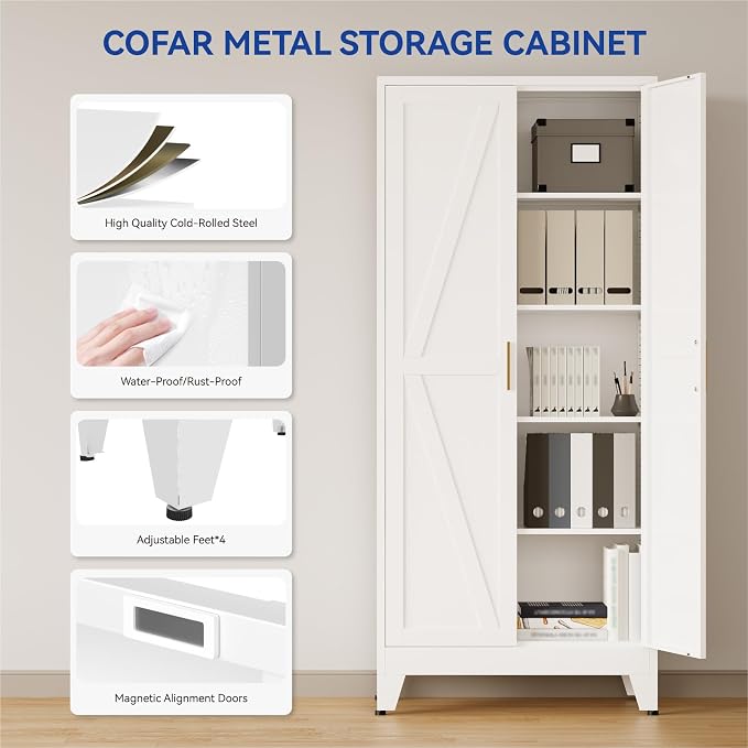 COFaR Metal Pantry Cabinet with Doors, Farmhouse 71'' Tall Storage Cabinet with 4 Adjustable Shelves, Kitchen Pantry Cabinet for Dinning Room, Laundry, Bathroom, Garage, White 5-Tier