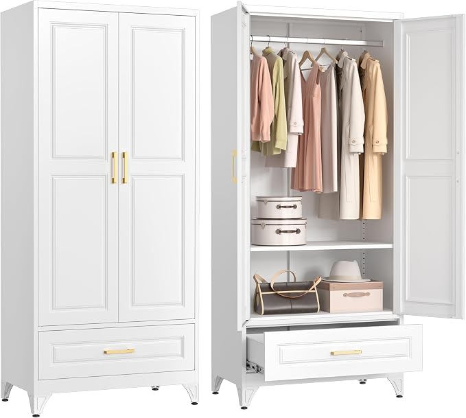 Polup 71" White Metal Wardrobe Closet with Doors and 1 Drawer | Tall Steel Armoire, Hanging Rod, Adjustable Shelves, Sturdy Freestanding Clothes Organizer for Bedroom, Laundry & Office