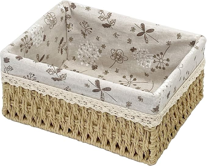 Wicker Storage Baskets, Handwoven Paper Rope Organizer Bins with Removable Floral Liner, Large for Bathroom, Pantry, Shelf, Countertop, Closet (Beige, L)
