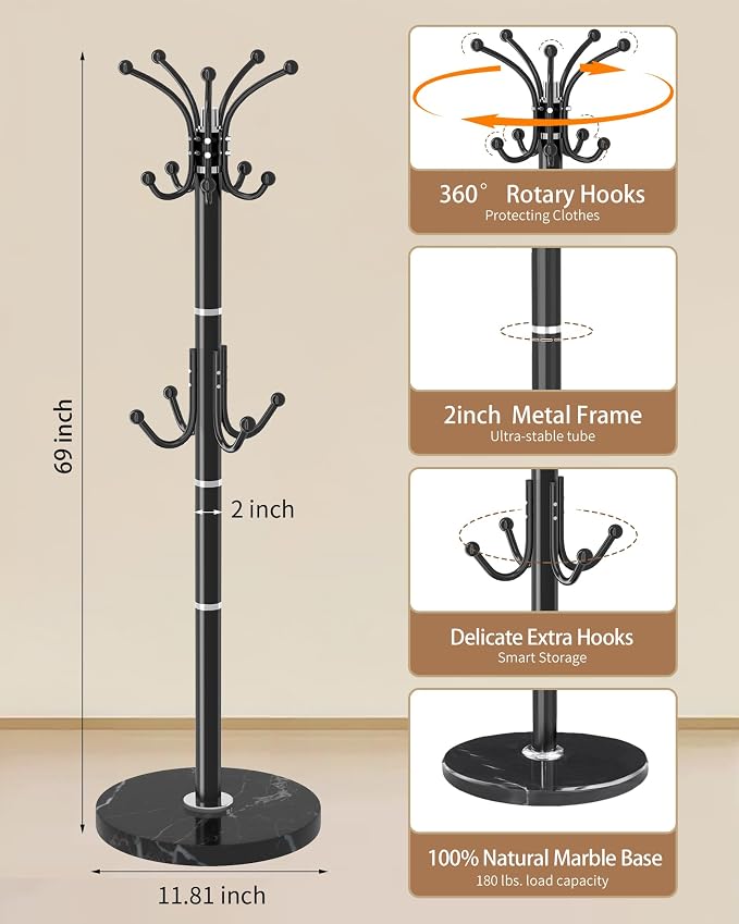 Modern Coat Rack Stand, 360° Rotary Metal Freestanding Coat Rack with Natural Marble Base, White Coat Racks and Coat Hanger Tree Jacket Stand with 14 Hooks for Office, Entryway, Hallway