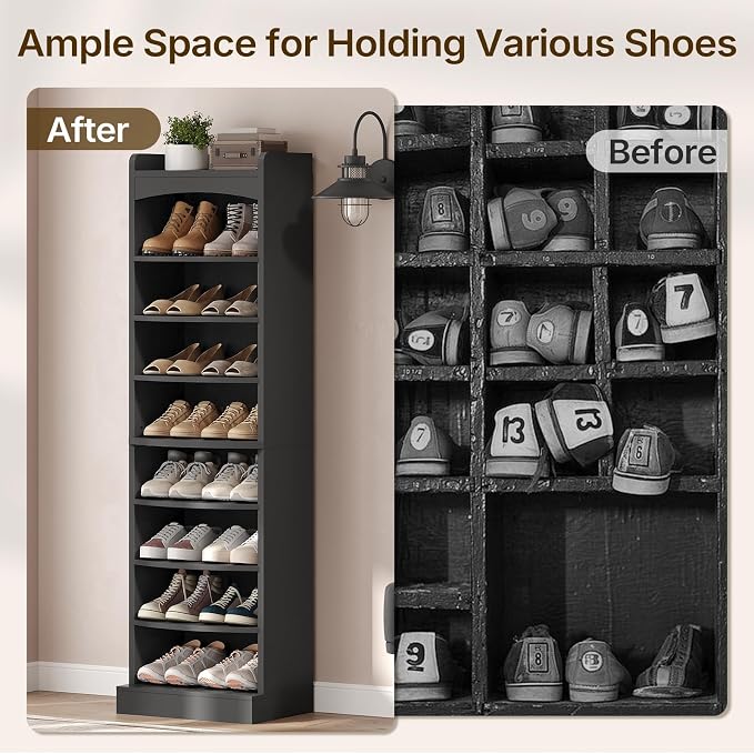 9-Tier Tall Shoe Rack, Wooden Shoe Storage Organizer, Narrow Shoe Cabinet with Removable Shelves for Small Spaces, Holds 18 Pairs of Shoes, for Entrance, Hallway, Black SS22BK