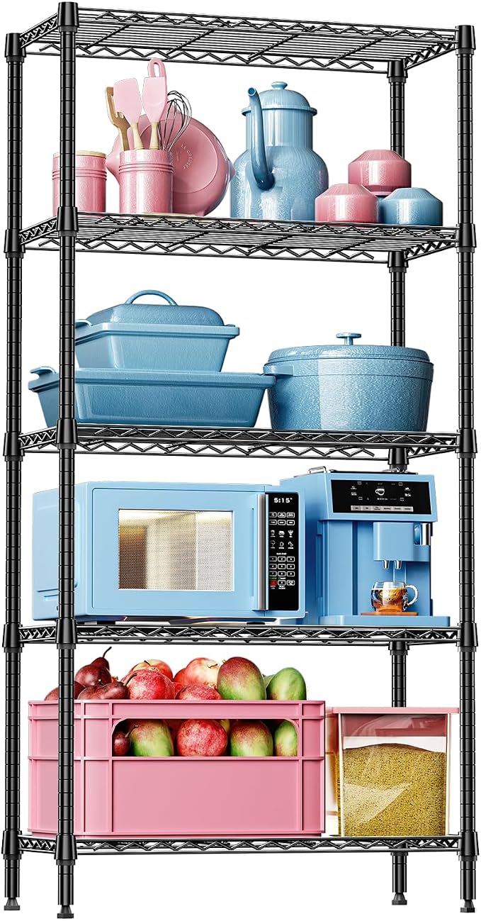IZEUK 5 Tier Black Metal Storage Shelves, Heavy Duty Wire Shelving Rack for Garage, Kitchen, Bathroom, or Laundry Organization, 1250 lbs Capacity, 13.8" D x 35.4" W x 68.5" H
