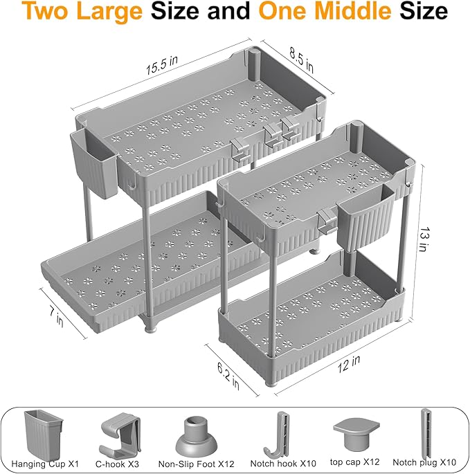 Sevenblue 3-Pack 2-Tier Under Sink Organizers with Sliding Drawers | Multi-use kitchen & bathroom storage, 12.8 inch gray cabinet organizer, space-saving sliding drawer design.