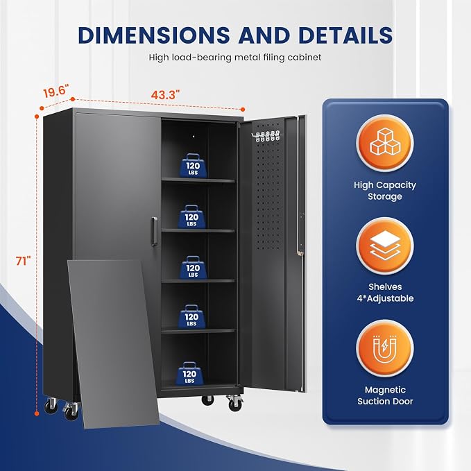 Yizosh Metal Garage Storage Cabinet with Locking Doors and Adjustable Shelves,- 71" Rolling Steel Tool Cabinet for Home Office,Garage,Warehouse