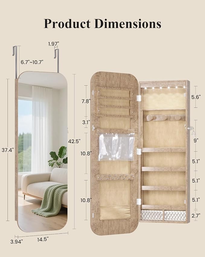 6 LEDs Mirror Jewelry Cabinet Door Hanging, 42.5", Lockable, Brown | Jewelry Organizer with Full Length Mirror, Wall Mounted Large Jewelry Storage for Earrings, Rings, Necklaces