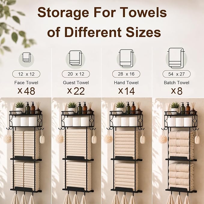 Towel Racks for Bathroom 39.9 Inch Wall Mounted Towel Rack with Shelf, Bathroom Towel Storage Holds 6 Large Rolled Towels, Metal Wall Towel Rack, Black