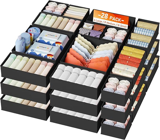 DIMJ Drawer Organizer Clothes, 26Pack Dresser Organizer, Foldable Closet Organizers and Storage, Fabric Dresser Bins, Drawer Dividers for Nursery, Baby Clothes, Underwears, Sock,Black