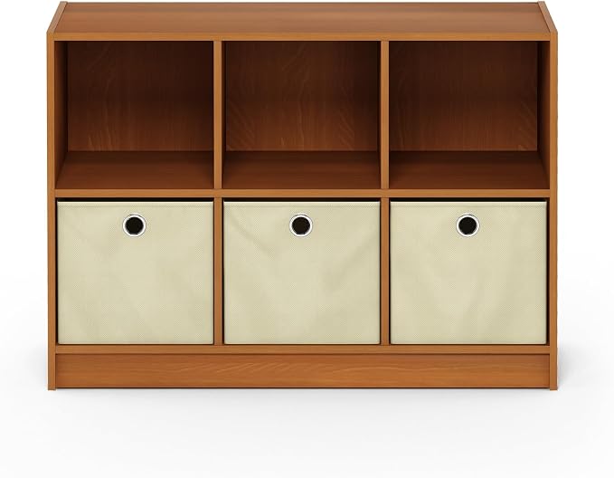 Furinno Basic 3x2 Bookcase Storage w/Bins, Light Cherry/Ivory