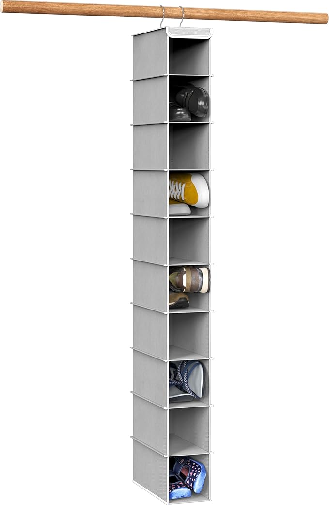 Simple Houseware 10 Shelves Closet Hanging Shoe Organizer, Gray | Dual Metal Hooks, Holds Up to 20 lbs, for Narrow Space