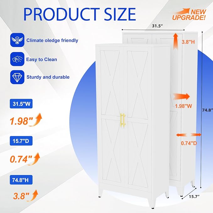 GAIOUS 74.8" Tall Kitchen Pantry Cabinet, Metal File Storage Cabinet White | Steel Office Cabinet, Freestanding Cupboard with 2 Doors and 5 Adjustable Shelves, Bathroom Kitchen Home Garage Tool Cabinet