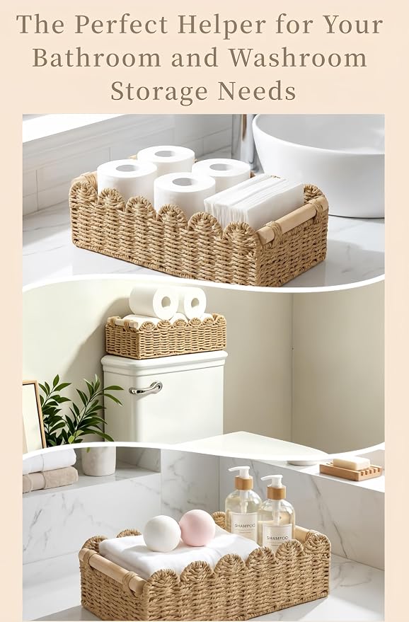 Handwoven Paper Rope Storage Basket, Scalloped Edge Decorative Organizer with Wooden Handles, Multifunctional basket for Bathroom Toilet Paper, Bedroom,End Table, Shelf and More Decoration (L)