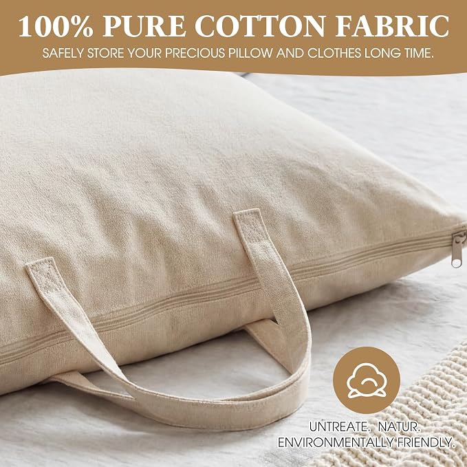 2 Pack Travel Pillow and Blanket Bags, 100% Cotton Canvas Pillow Storage Bag with Handles for Airplane Home, Heavy Duty Breathable Organizer for Bedding Linens, Pillow Bag for Traveling(2,20"x26")