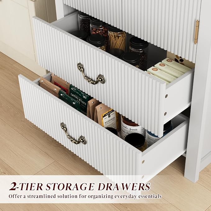 FURSUN 71" Arched Storage Cabinet with Fluted Doors, Tall Wood Pantry Cabinet with Drawers & Adjustable Shelves, Modern Coffee Bar Cabinet, White