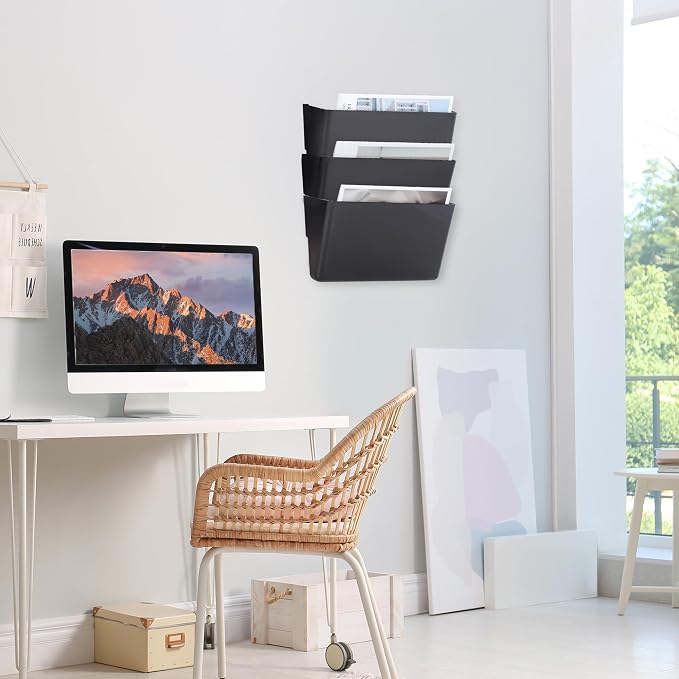 EASEPRES 3 Pack Black Plastic Single Pocket Hanging File Organizer, Wall Mount Paper Mails Magazines Holder, Mounted Folder Bins for Office School and Home, 12.99x4.13x7.48 inches