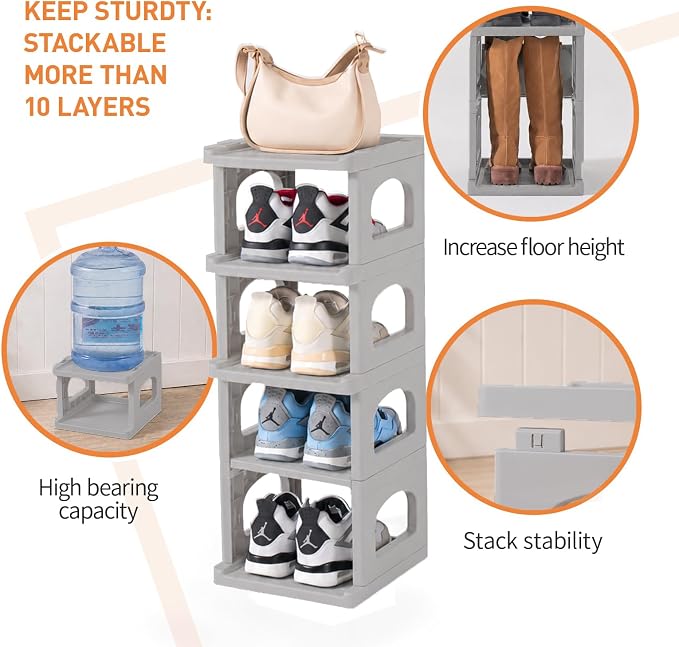 5 Tiers Vertical Shoe Rack for Closet Narrow Shoe Holder Storage Organizer, Plastic Free Standing Shoe Rack Shelf for Entryway Stackable Stability DIY, Grey