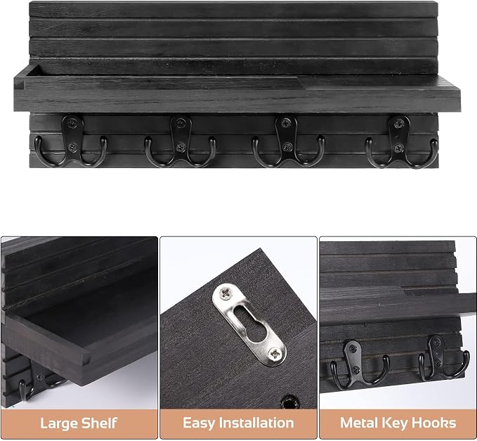 Decorative Key Hanging Rack with 4 Double Hooks – Easy Install Natural Wooden Key and Mail Holder for Wall Mount – Entryway Decor Rack with Shelf (Carbon Black)