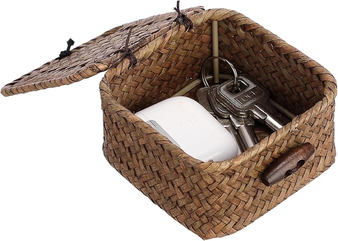 Small Wicker Basket with Lid, Square Seagrass Organizer | Handwoven Compact Storage Box for Key, Jewelry, Decorative Box for Shelf, Home Decor, 3.5"L x 3.5"W x 2"H