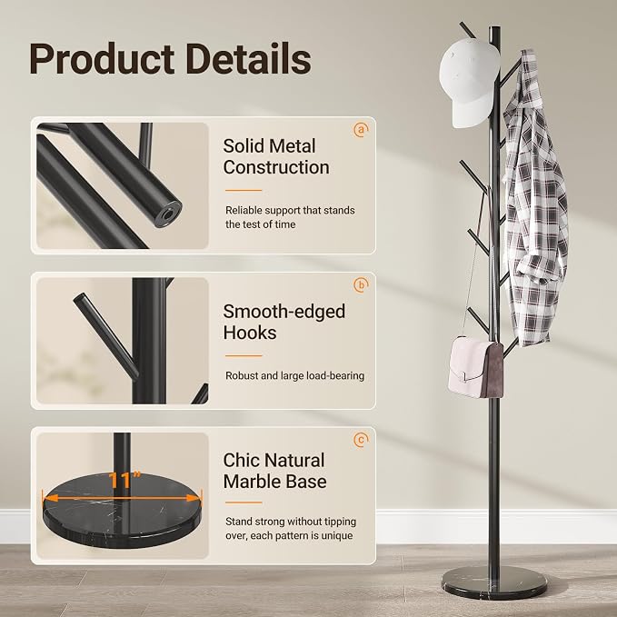 ELYKEN Coat Rack Freestanding, Metal Coat Rack with Natural Marble Base | 10 Hooks, 3 Adjustable Heights, Heavy Duty Coat Tree for Entryway, Hallway, Bedroom, Office, Black