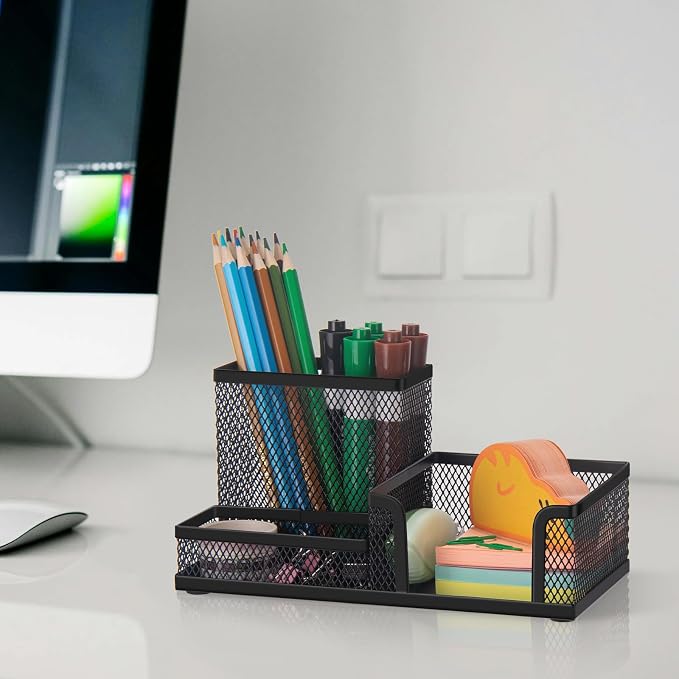Comix 2 Packs Mesh Pen Holder, Desk Organizer for Home Office, Black | 3 Compartment Pencil Holder, Sticky Notes Holder, Pen Organizer Office Supplies