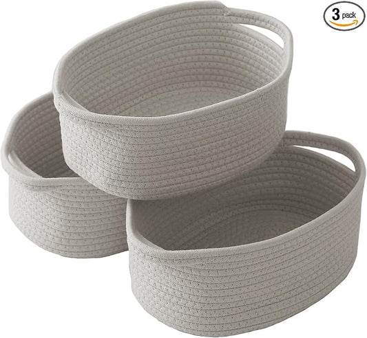 JMvicyroam Small Woven Basket, Empty Gift Basket, Grey/3 Pack | Small Gift Basket, Cotton Rope, 12 x 8 x 38 in, Handles, Includes Ribbon and Bag, Birthday Gift Basket