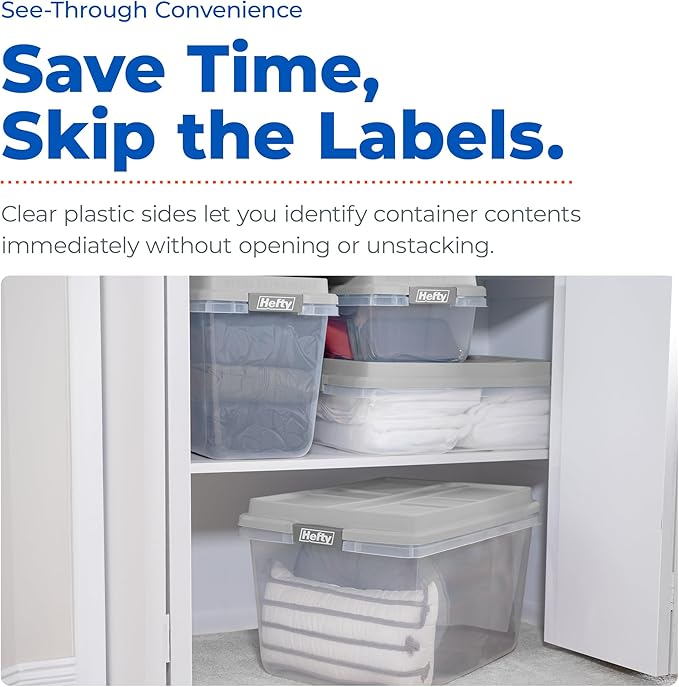 Hefty 32 Qt Hi-Rise Storage Bin with Lid, Stackable Plastic Storage Container, Organizer for Home, Garage & Closet, 6 Pack, Gray