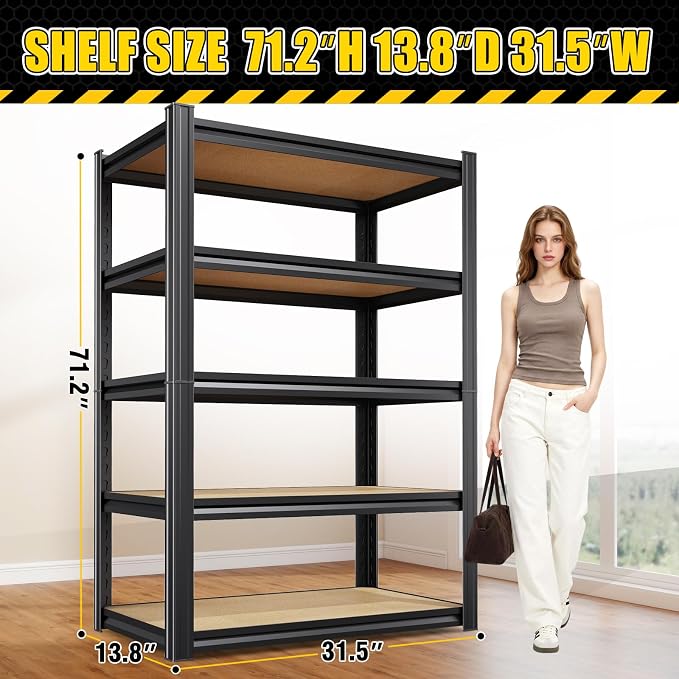 3 Pack Garage Shelving Heavy Duty Storage Shelves, Metal Adjustable Shelving Unit, Utility Garage Organizer Shelf for Basement, Pantry, Kitchen, Warehouse, 71.2" Hx31.5 Wx13.8 D, Black