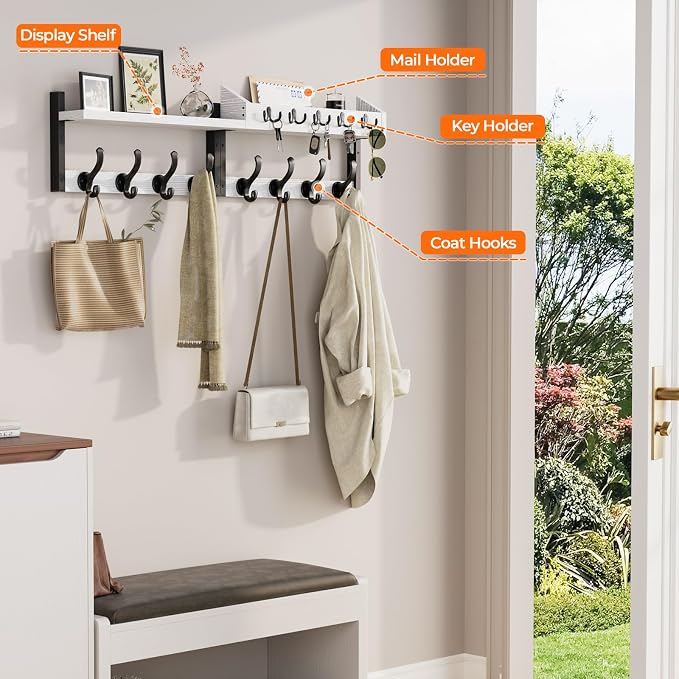 Evermagin 35" Coat Rack Wall Mount with Shelf for Entryway, White | Wall Mounted Coat and Key Rack with Hooks, Key Holder with Mail Organizer for Wall, Living Room, Mudroom, Bedroom