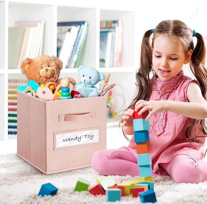 Fabric storage cubes (Set of 8) 11 Inch Cube Storage Bin, Cube storage with 8 Labels Window Cards & a Pen, Foldable cube organizer bins,11x11 Storage bin, Cubby Organizer Boxes, Pink