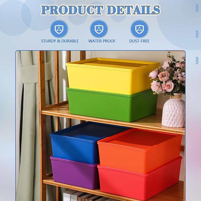6 Pcs Large Plastic Storage Bins with Lids 14.4 x 10.4 x 5.1 Inch Stackable Storage Containers Decorative Cubby Organizer for Clothes Shelves Garage Closet Office (Colorful)