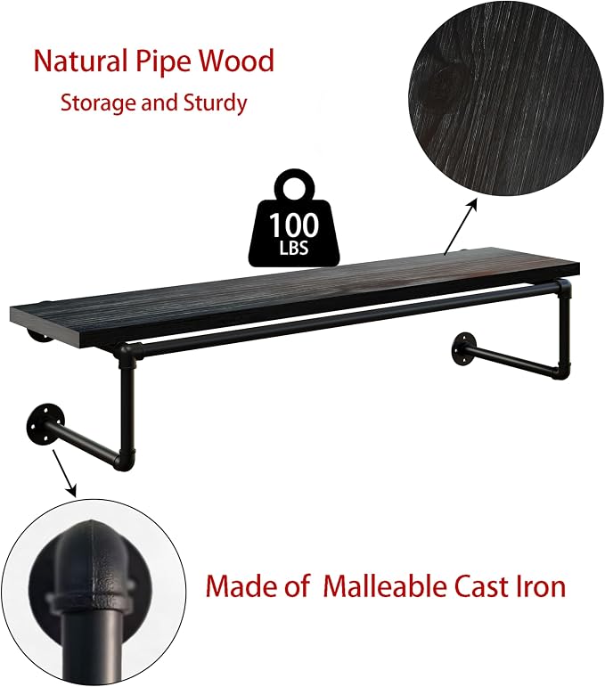 Clothes Rack 42in, Wall Mounted Garment Racks with Real Black Wood Shelf, Heavy Duty Hanging Clothes Rack, Multi-Purpose Hanging Rod, Space-Saving Closet Storage