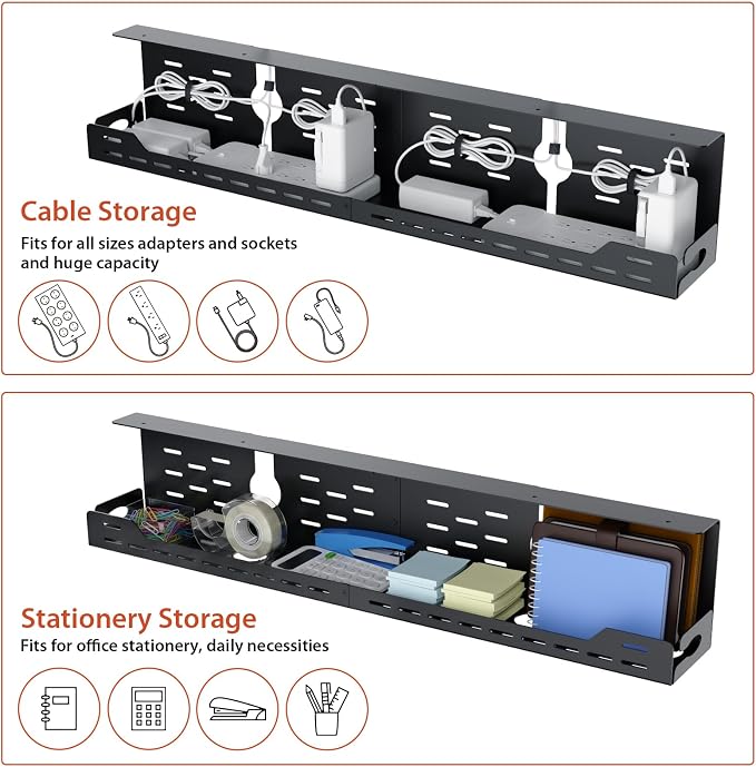 Univivi Under Desk Cable Management Tray, Cable Management, 32 inch, Black | Durable Steel Material, Under Desk Cable Tray with No-Drill C-Clamp and Screw Mount, Wire Management for Office/Home