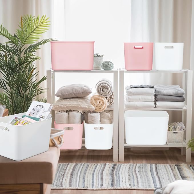 8 Pieces Colorful Storage Bins with Lid, Plastic Storage Basket Organizing Container Stackable Box with Handle for Shelves Desktop Playroom Office(14.2 x 10.2 x 9.5 Inch,White and Pink)