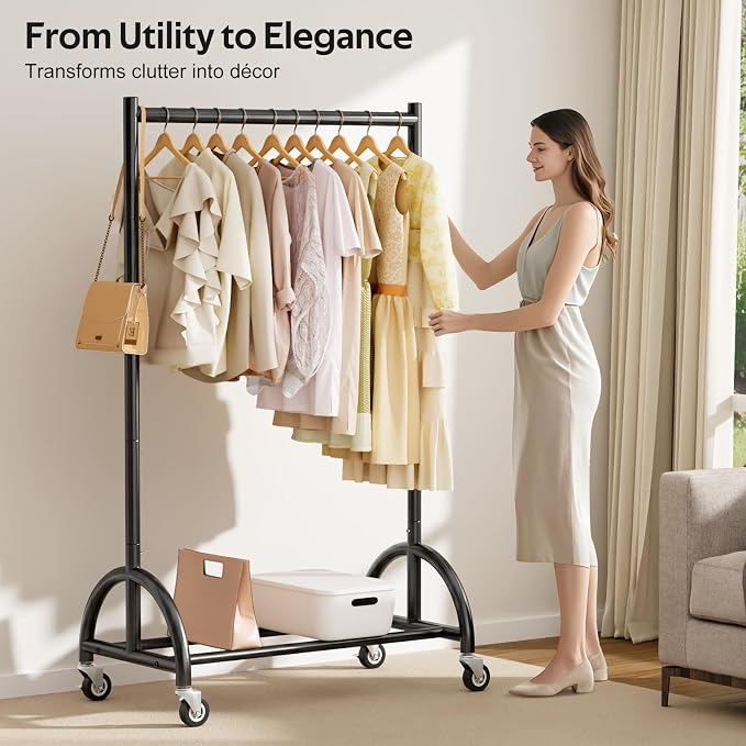 MISSLO Heavy Duty Clothing Rack with Wheels Rolling Clothes Racks for Hanging Clothes, Coats, Garment, Dress, Black, 30" W