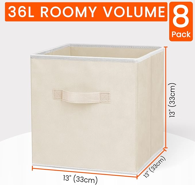 Criusia Large Storage Cubes - 13 Inch Heavy Duty Fabric Storage Bins for Shelves Closet, Cube Organizer - 8 Pack Collapsible Cube Storage Bins Baskets for Organizing Clothes Blankets Toys (Beige)